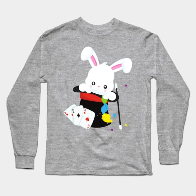 White Bunny, Rabbit, Magic Trick, Magic Wand, Hat Long Sleeve T-Shirt by Jelena Dunčević